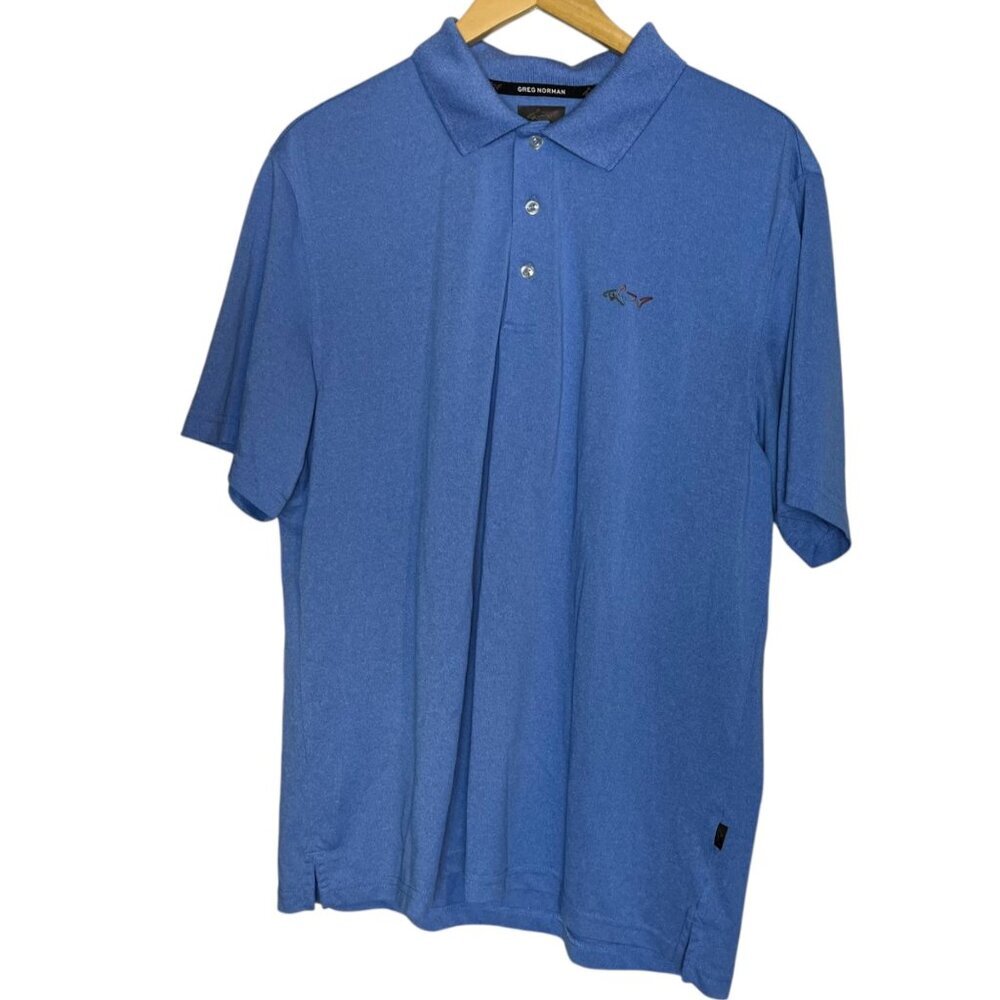 Greg Norman Men's L Polo Shirt Blue Golf Short Sleeve Shark Play Dry Embossed